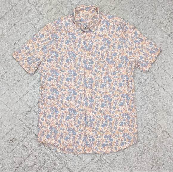 Faherty Shirt Mens M Blue Pink Floral Breeze SS Hemp Blend Tropic Shore Button - Picture 1 of 9